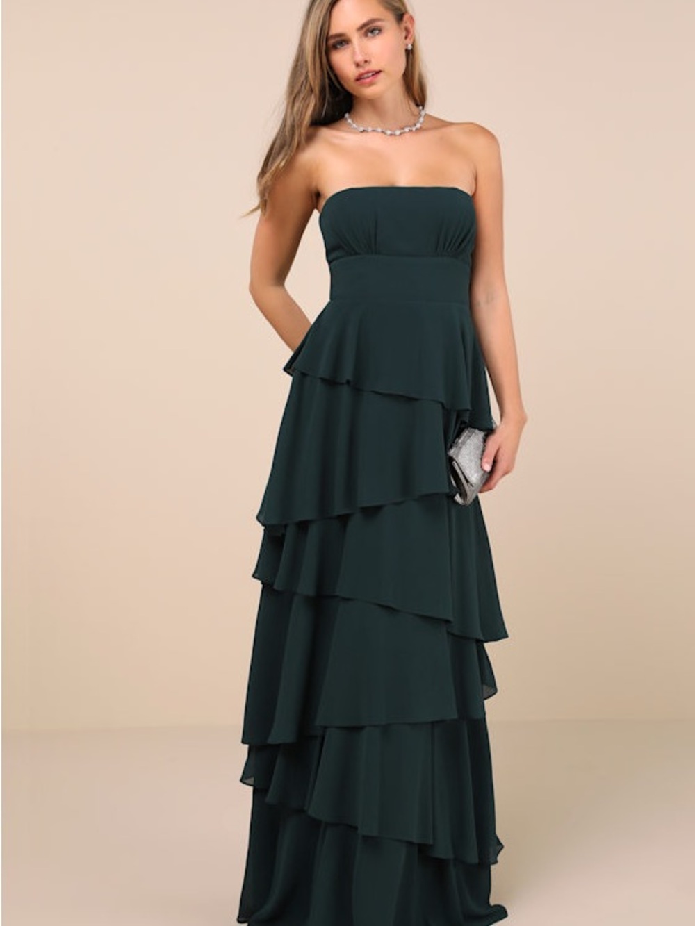 Lulu's Strapless Dark Teal Tiered Evening Gown